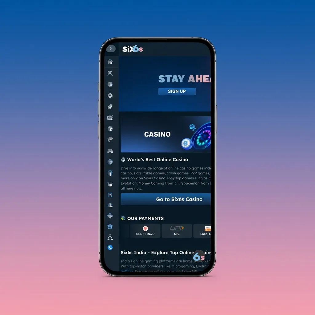 Six6s app home screen showing quick access to sports betting, casino games, deposits, and withdrawals
