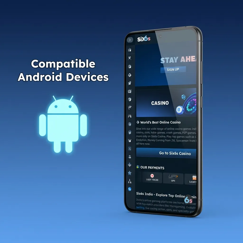 Popular Android smartphones including Samsung Galaxy, Xiaomi Redmi, Realme, Oppo, Vivo, and OnePlus models compatible with Six6s app