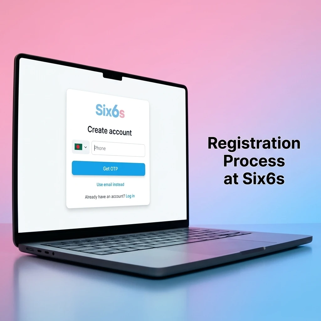 Six6s registration process steps showing sign-up form, OTP verification, profile setup, and welcome bonus claim in Bangladesh